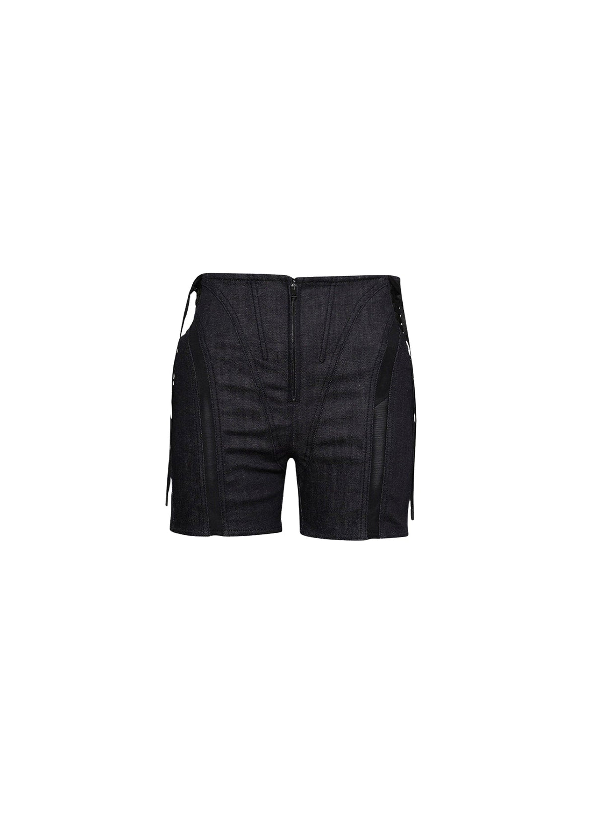 RAW BLUE / BLACK // black mesh laced-up raw denim shorts