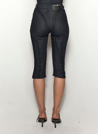 BLACK MESH RAW DENIM CAPRI JEANS