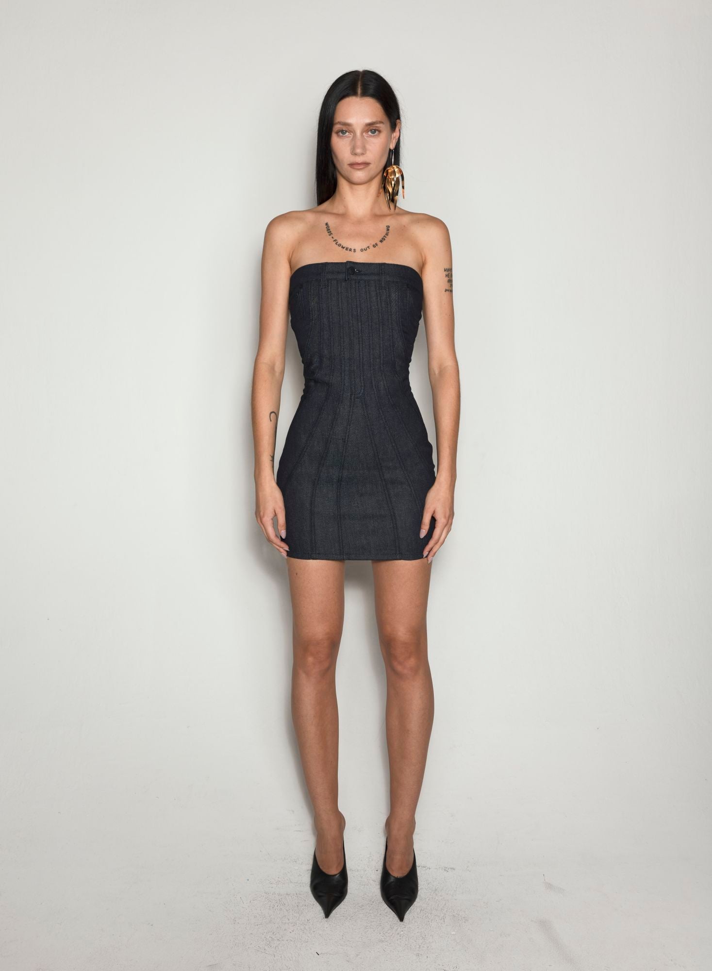 RAW BLUE SPIRAL DENIM BUSTIER DRESS