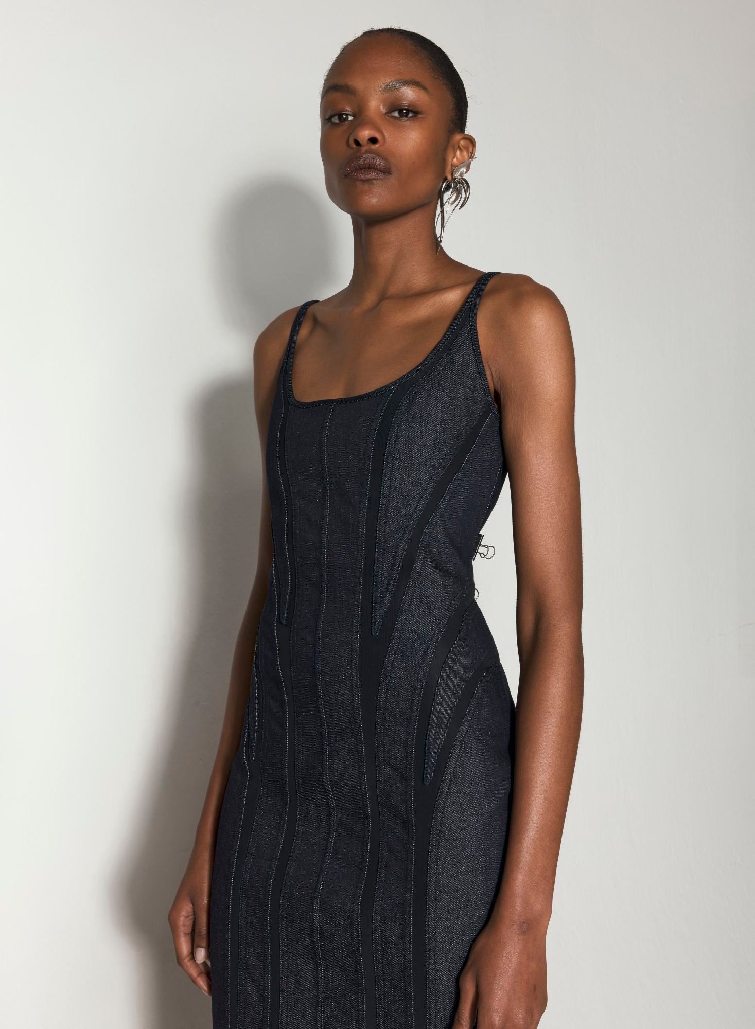BLACK MESH RAW DENIM DRESS