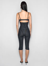 BLACK MESH CORSETED RAW DENIM TOP