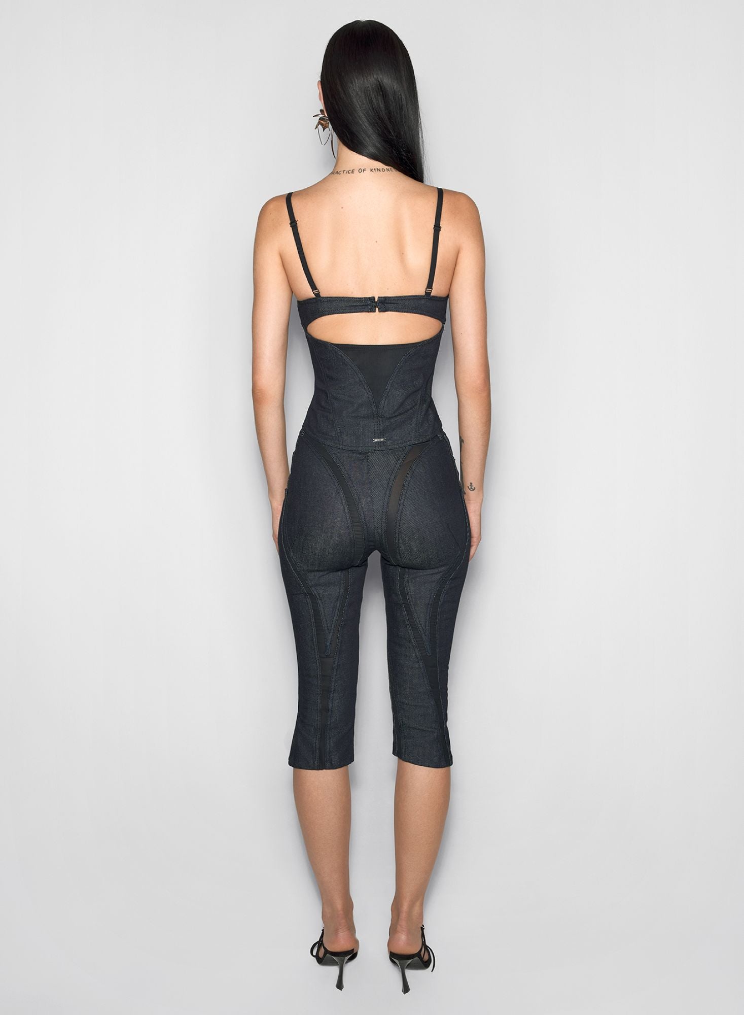 BLACK MESH CORSETED RAW DENIM TOP