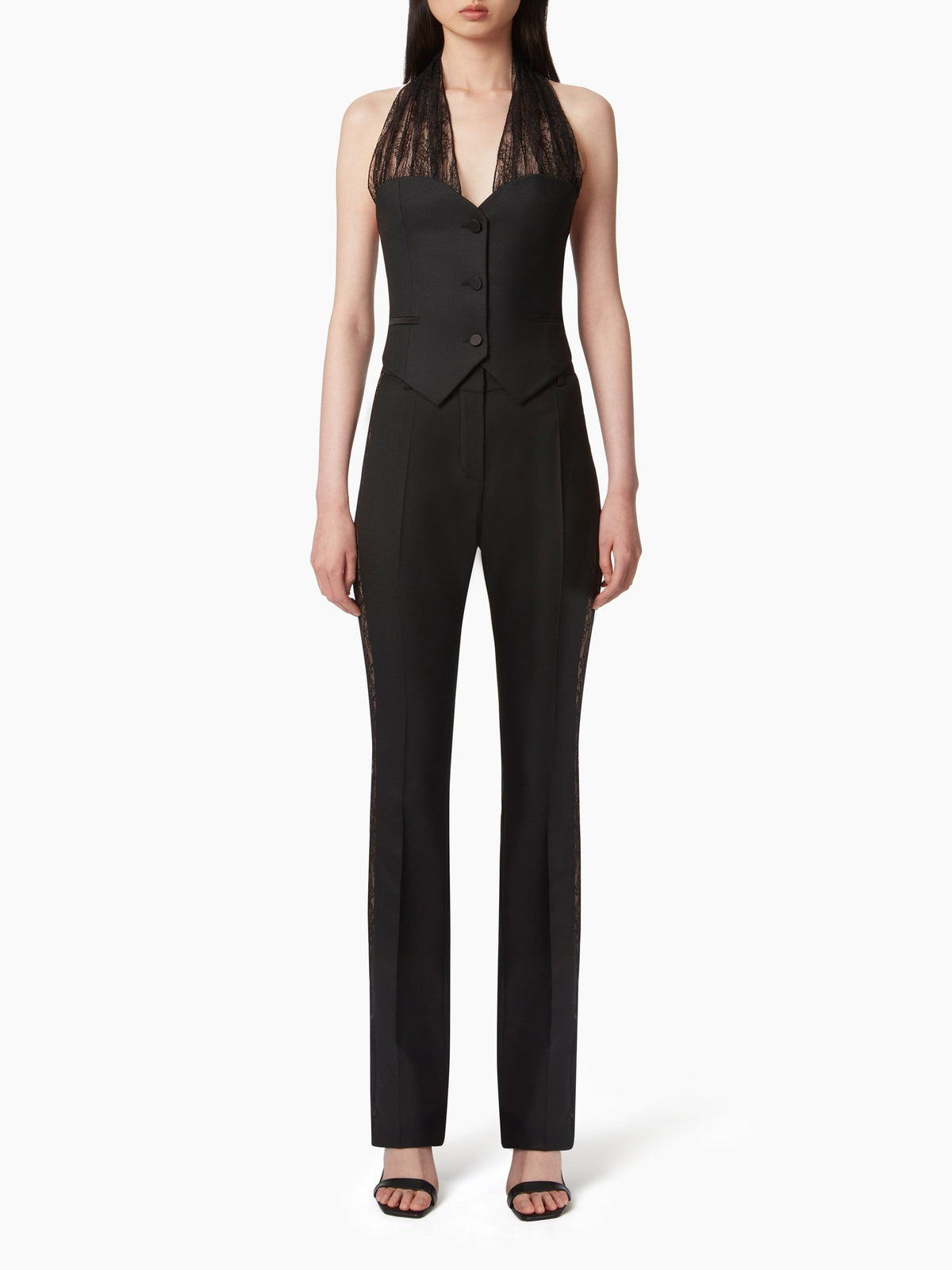 GILET AVEC SANGLES EN DENTELLE CHANTILLY - Noir