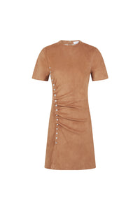 CAMEL SHORT DRAPED DRESS IN LEATHER