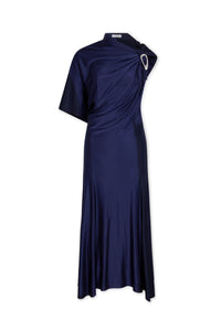 NAVY ASYMMETRICAL LONG DRESS IN JERSEY