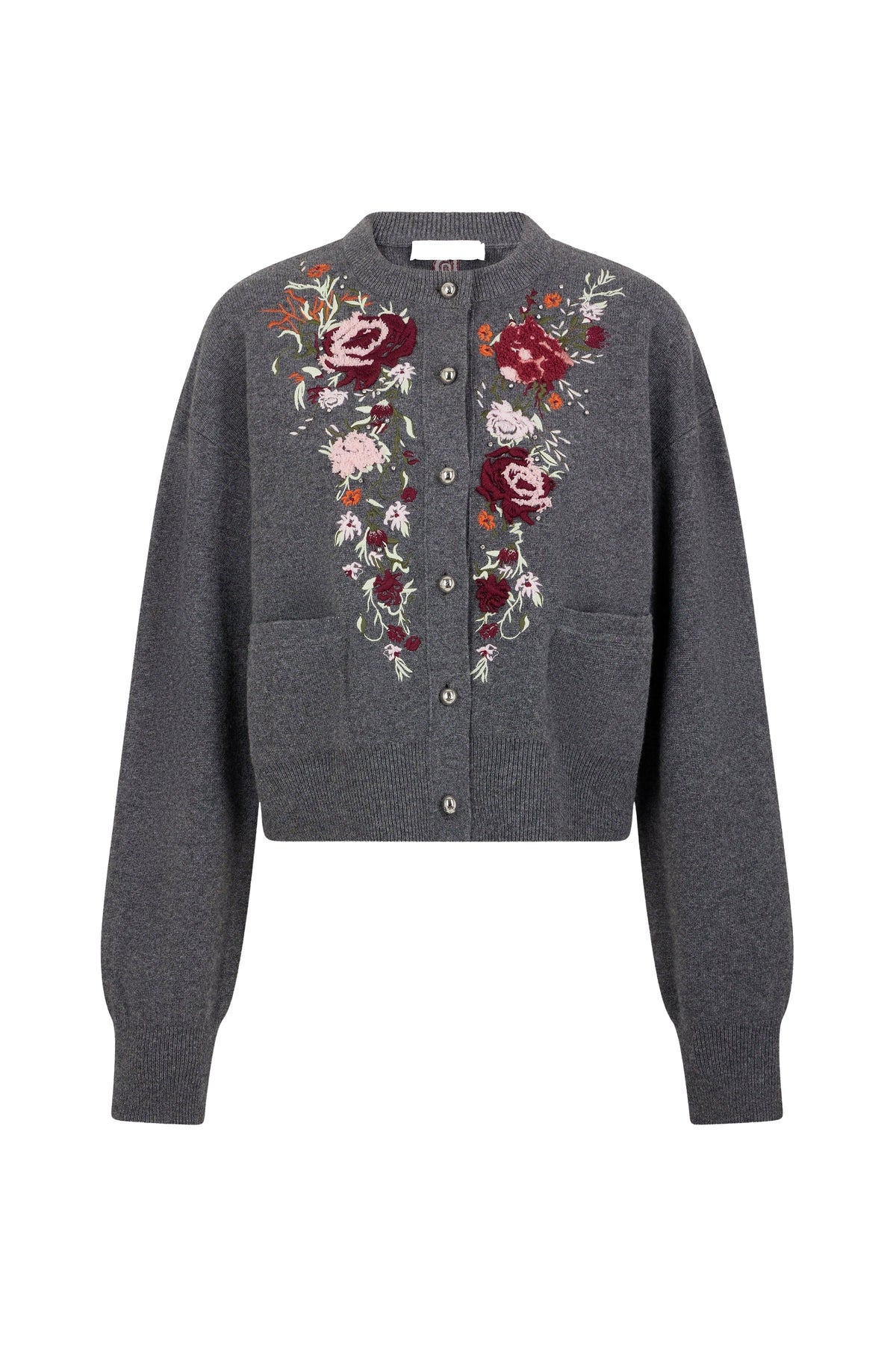 Wool cardigan with embroidered flowers - Dark Grey
