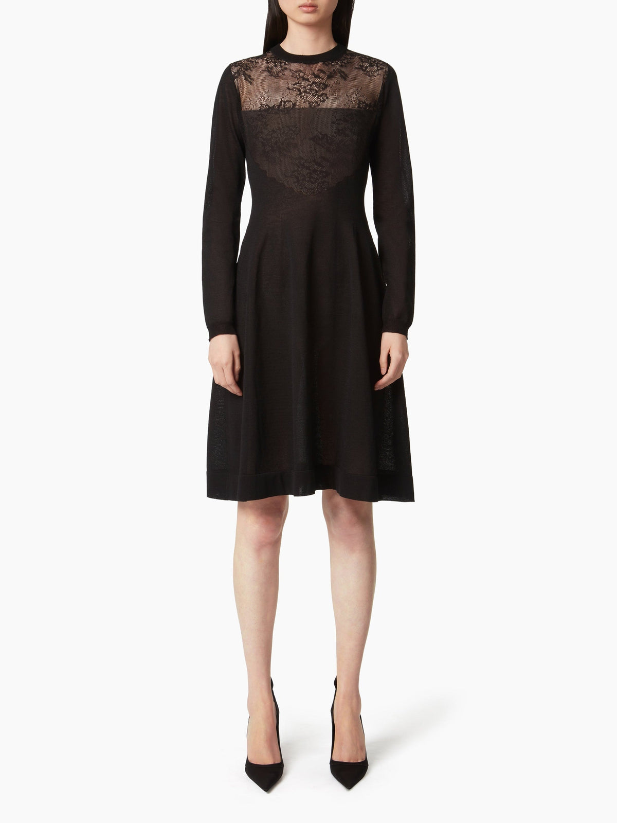 ROBE MIDI EN MAILLE AVEC EMPIÈCEMENTS EN DENTELLE - Noir