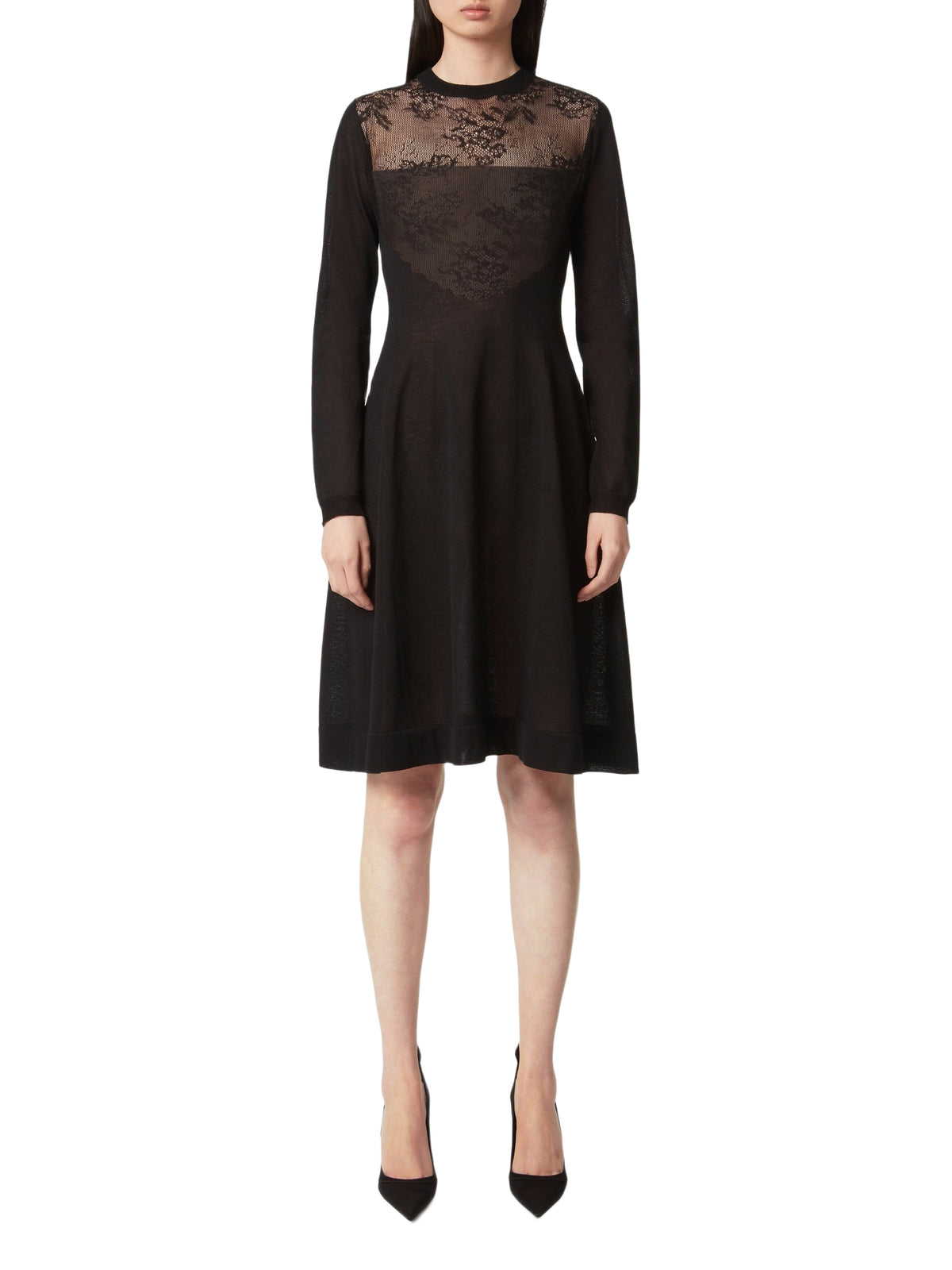 Robe midi en maille avec dentelle - Noir