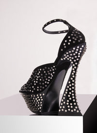 BLACK STUDDED  PLATFORM STRAPPY FANG 95 MULES