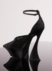 BLACK EMBROIDERED PLATFORM STRAPPY FANG 95 MULES