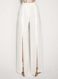 WHITE WIDE-LEG SLIT BUCKLED TROUSERS