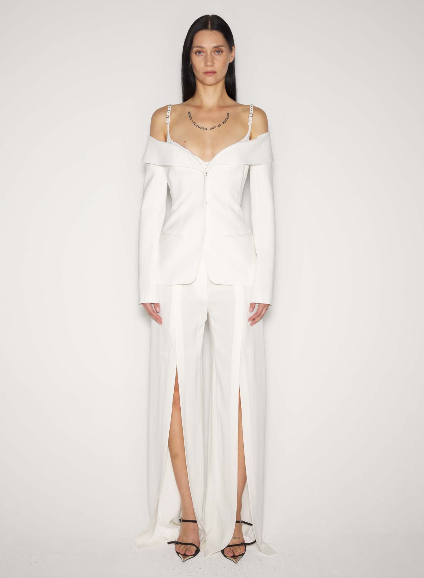 WHITE SCULPTURAL OFF-SHOULDER JACKET