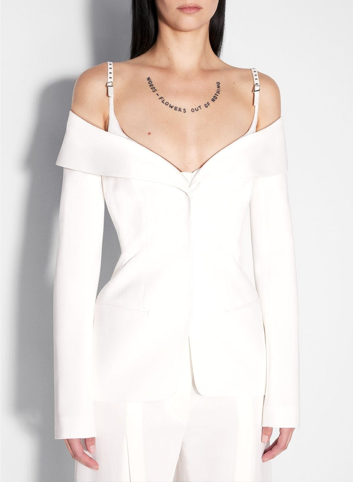 SNOW // white sculptural off-shoulder jacket