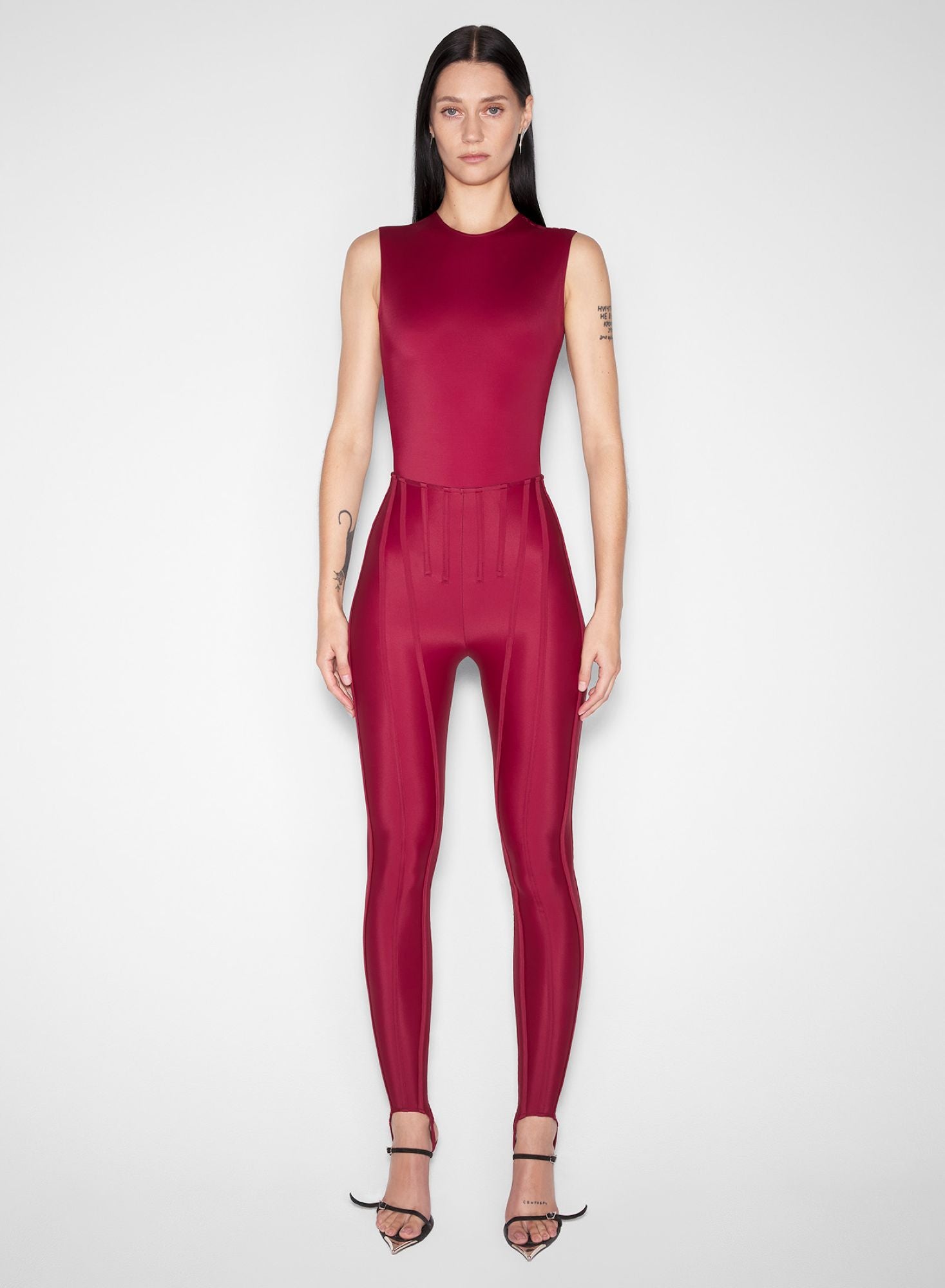 RED SLEEVELESS SHOULDER MUGLER LOGO BODYSUIT