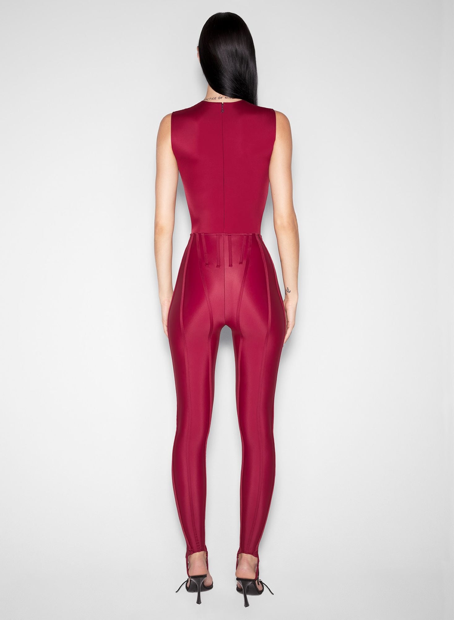 RED SLEEVELESS SHOULDER MUGLER LOGO BODYSUIT