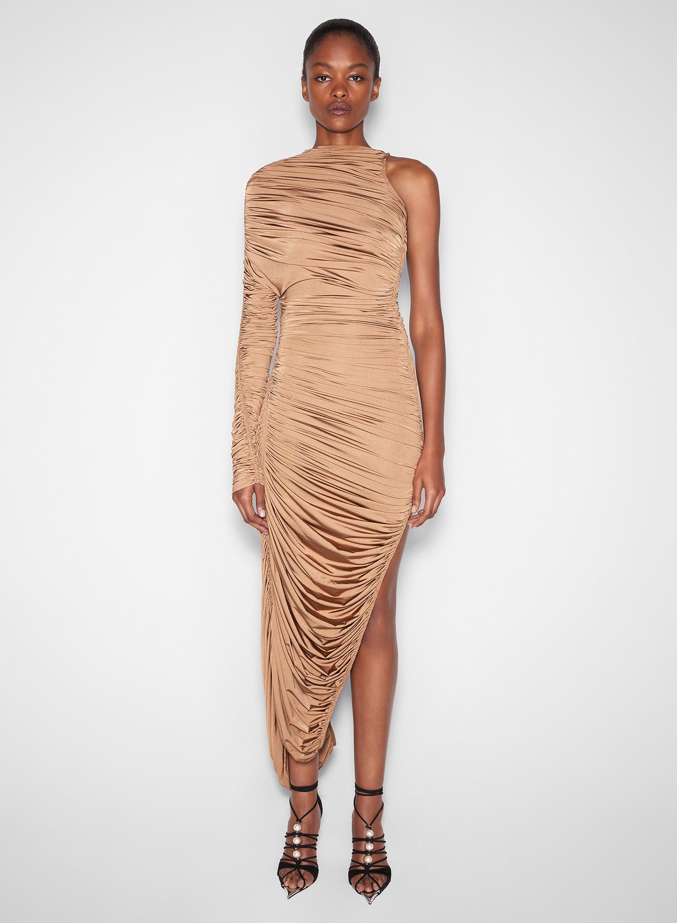 BEIGE ASYMMETRICAL PIERCED RUCHED DRESS