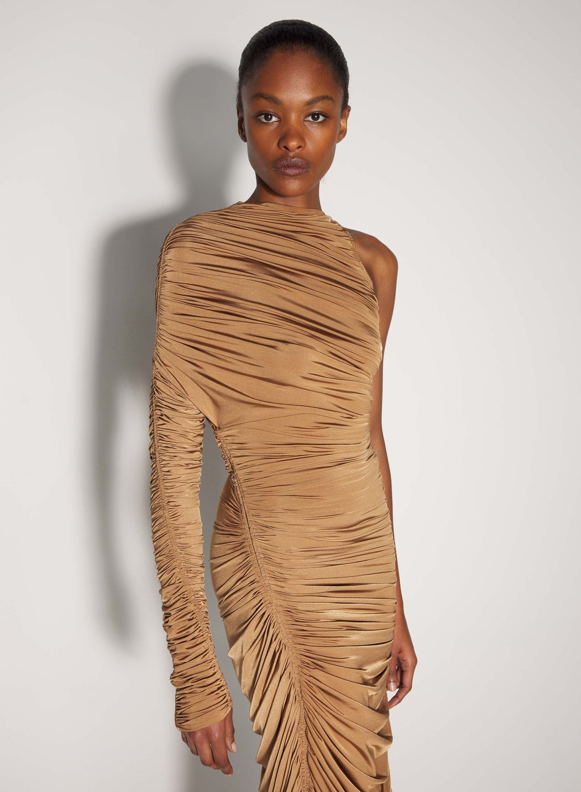 BEIGE ASYMMETRICAL PIERCED RUCHED DRESS