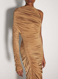 BRONZE // beige asymmetrical pierced ruched dress