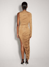 BRONZE // beige asymmetrical pierced ruched dress
