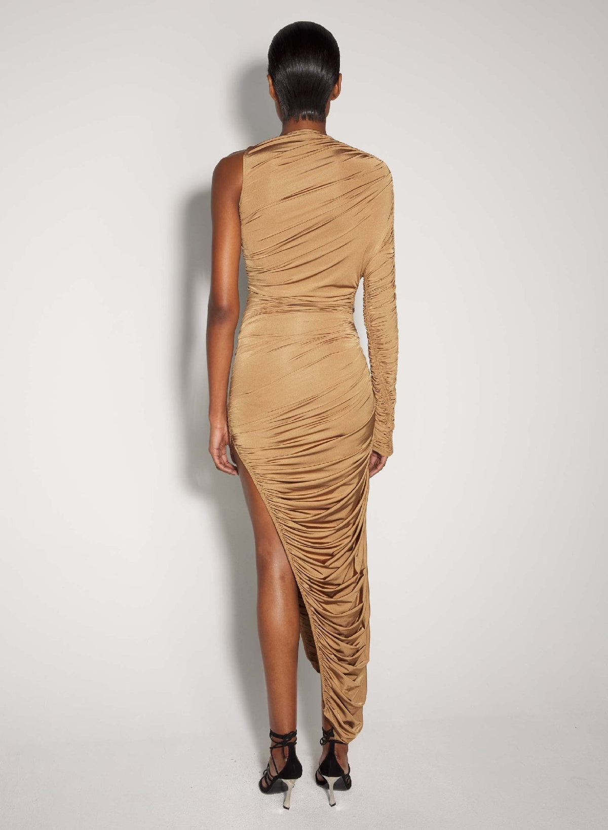 BRONZE // beige asymmetrical pierced ruched dress