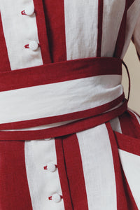 Robe courte Amoako à manches bouffante en lin rayé - White & Fuchsia