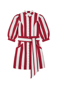Robe courte Amoako à manches bouffante en lin rayé - White & Fuchsia
