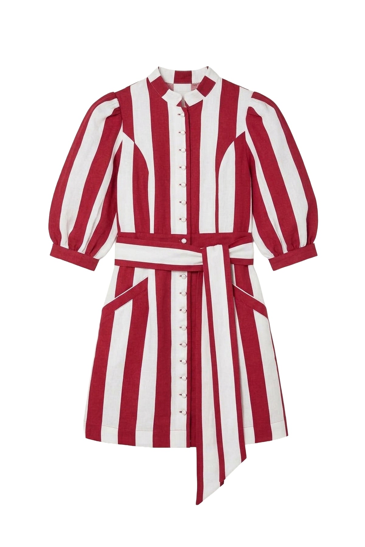 Robe courte Amoako à manches bouffante en lin rayé - White & Fuchsia