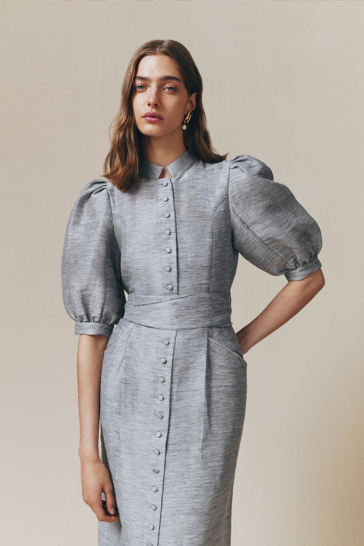 Robe longue Amoako à manches bouffante en lin - Grey