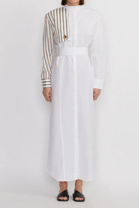 Robe-chemise Hans longue avec une manche en lin rayé - Écru & Beige