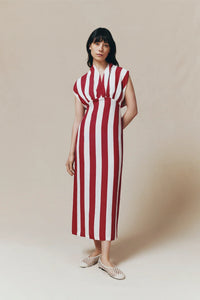 Robe longue en lin rayé - White & Fuchsia