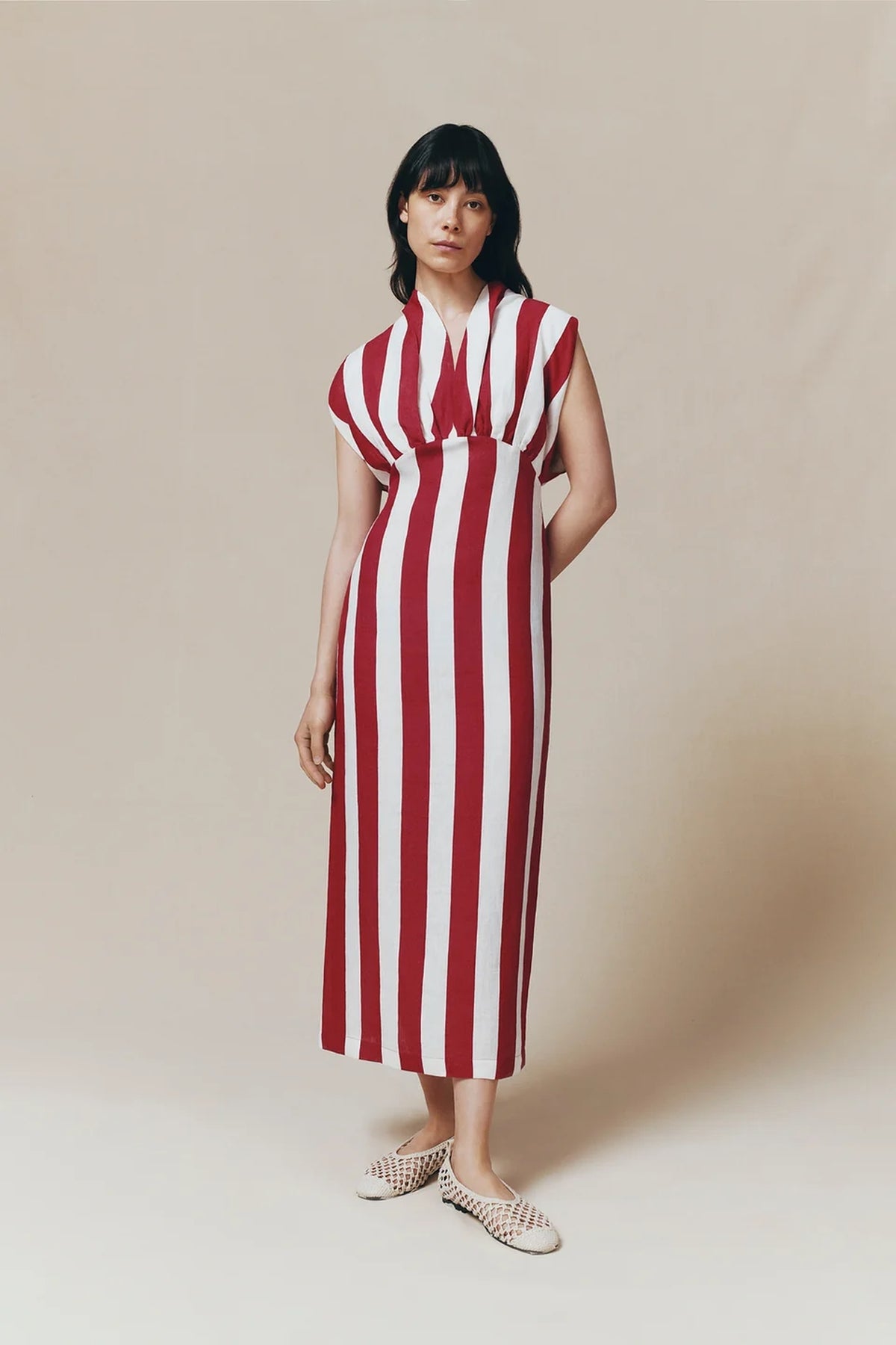 Robe longue en lin rayé - White & Fuchsia