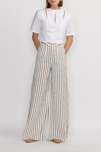 Pantalon large Lenore en lin rayé - Écru & Beige