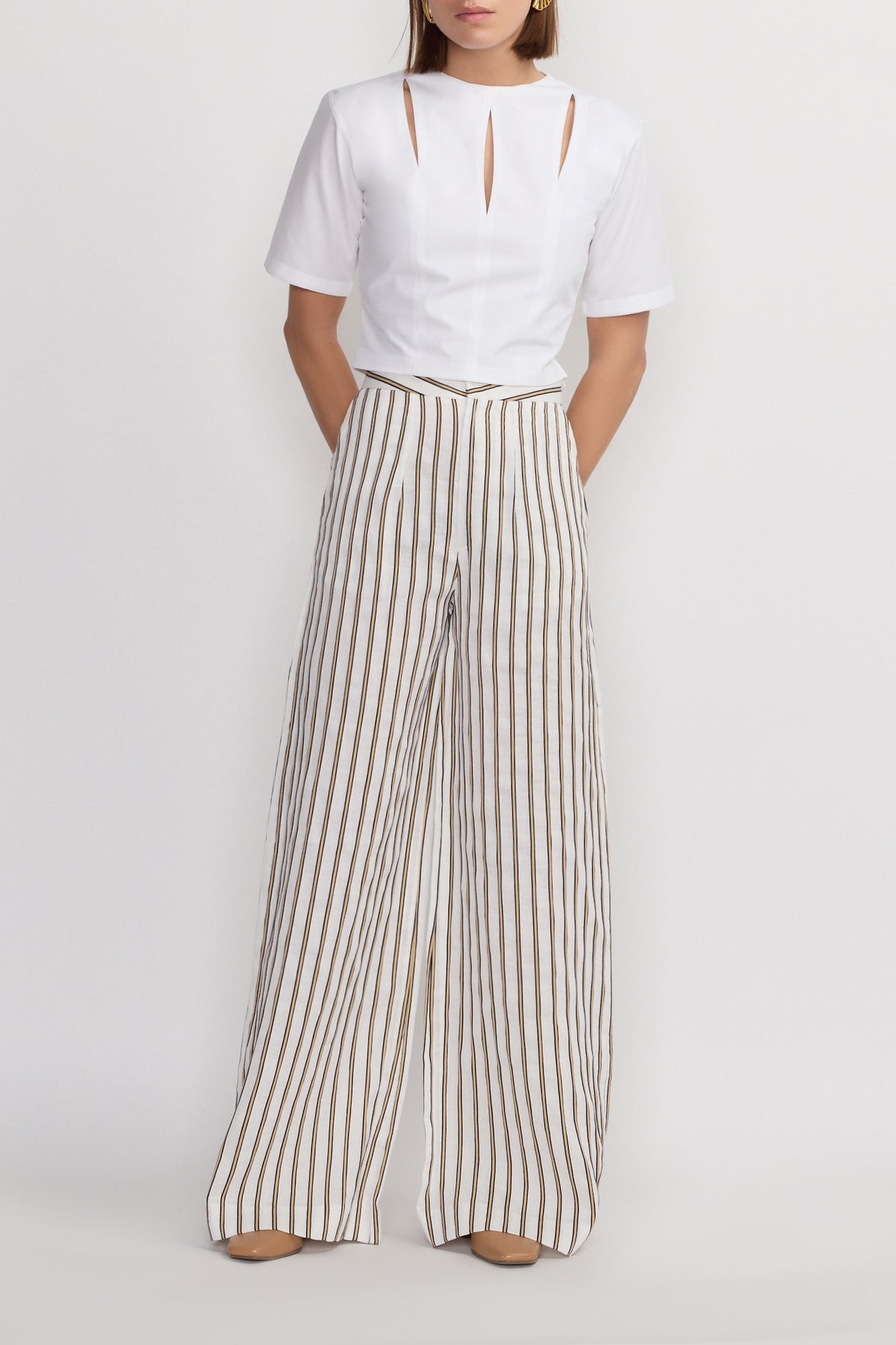 Pantalon large Lenore en lin rayé - Écru & Beige