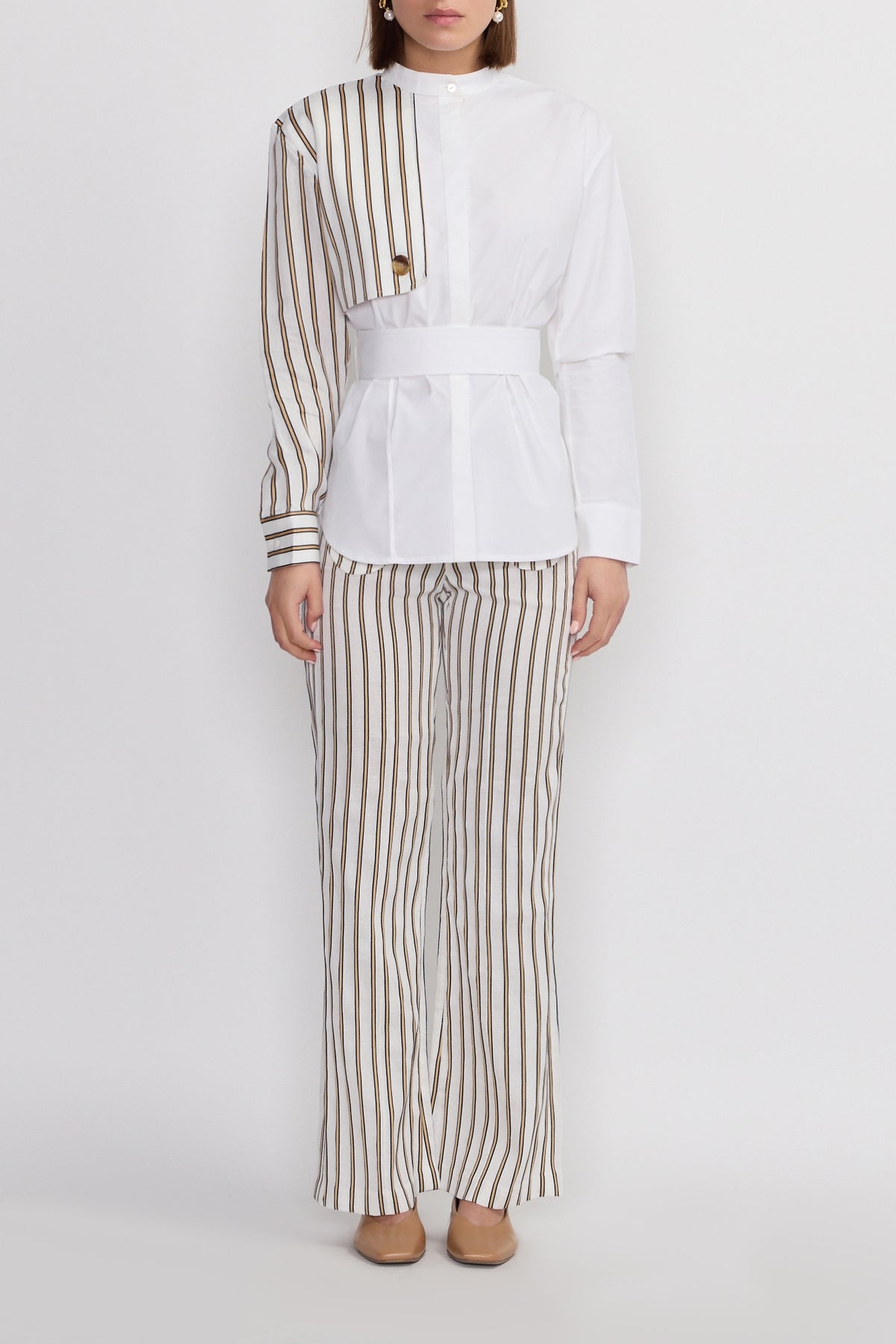 Pantalon à poches rondes en lin rayé - Écru & Beige