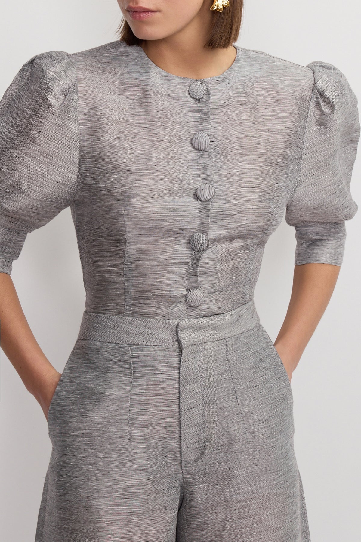 Blouse Jasper à manches bouffantes à fines rayures - Grey