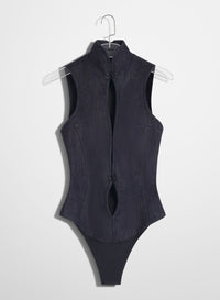 RAW DENIM OPEN NECKLINE BODYSUIT