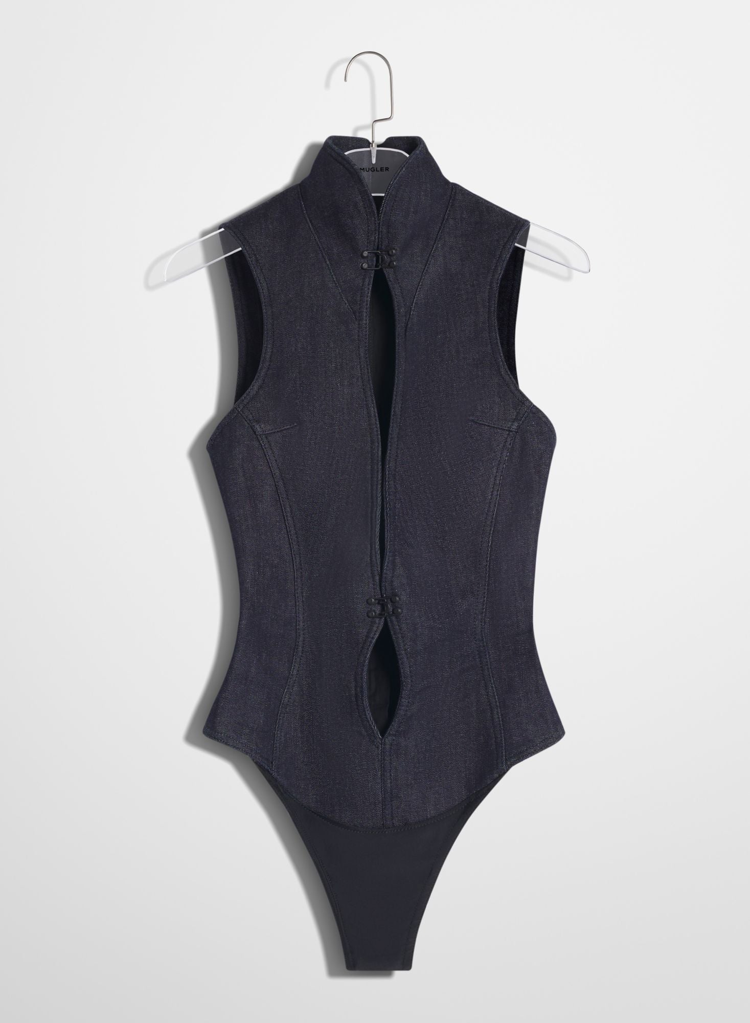 RAW DENIM OPEN NECKLINE BODYSUIT
