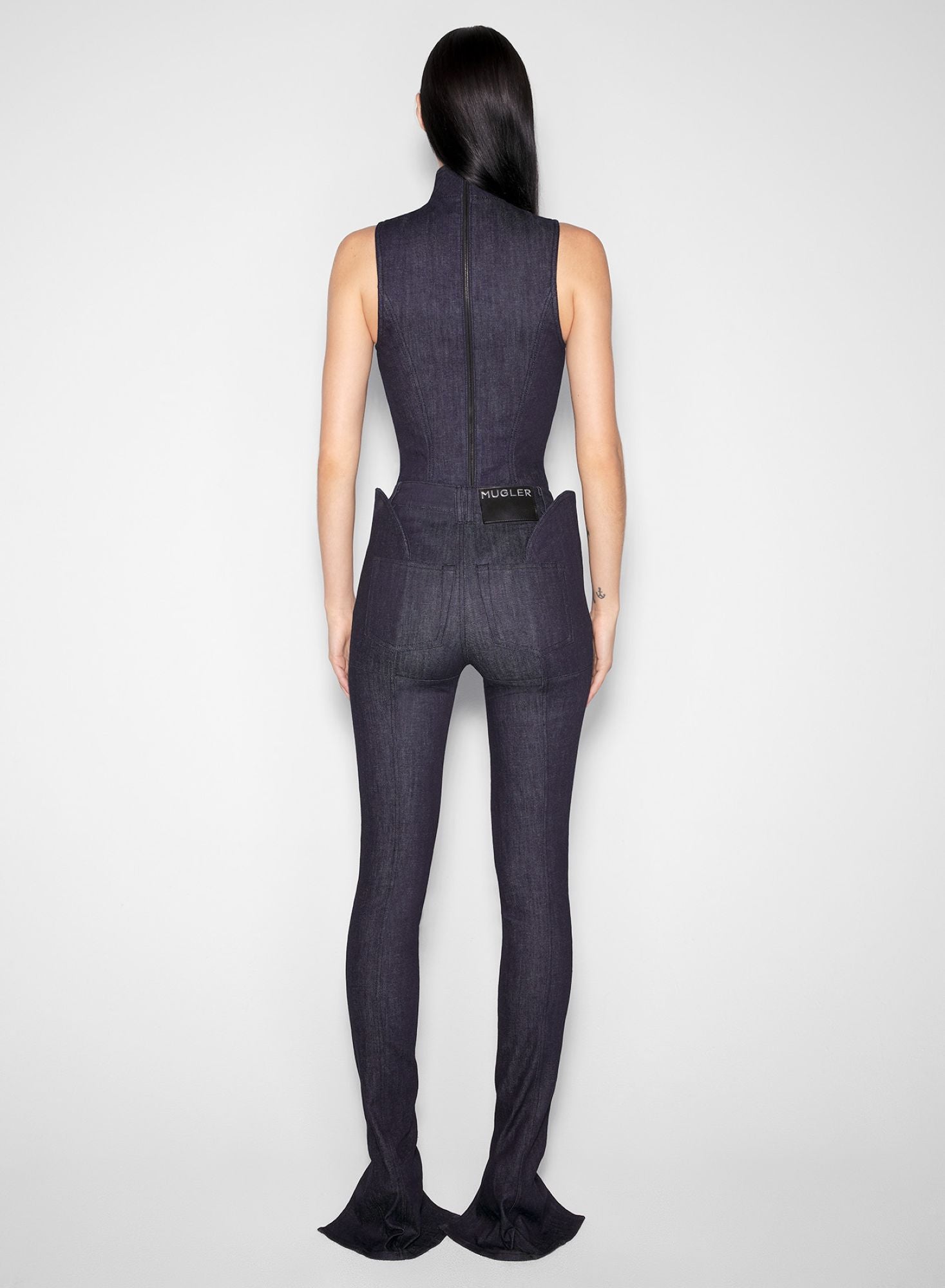 RAW DENIM OPEN NECKLINE BODYSUIT
