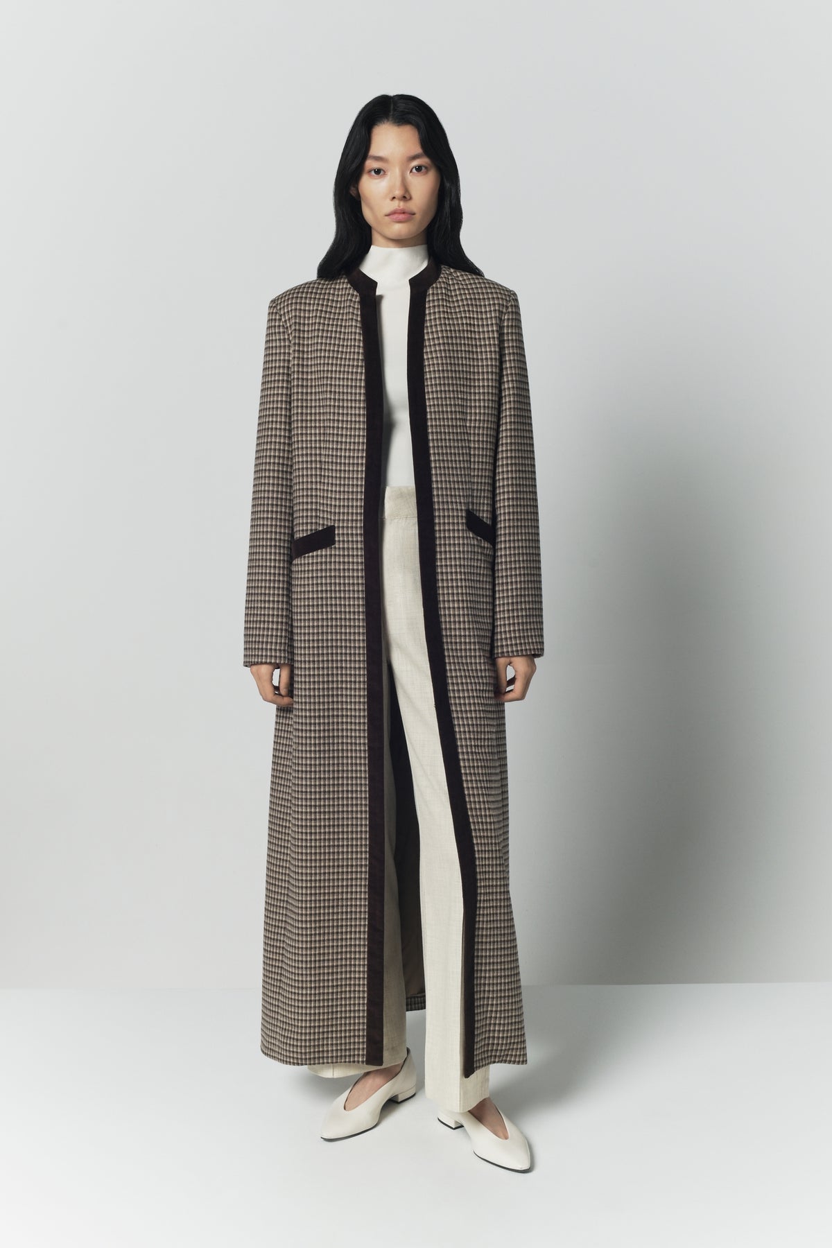 Manteau long Eden à carreaux en laine - Beige & Brown
