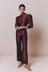 Pantalon Yoshitomo en satin avec ruban en dentelle - Burgundy