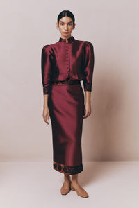 Jupe crayon Monica en satin avec ruban en dentelle - Burgundy