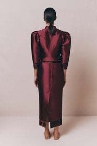 Jupe crayon Monica en satin avec ruban en dentelle - Burgundy