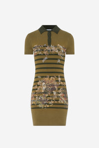 Cotton Pique Polo Neck Short Dress Printed "Mariniere Grape" - Khaki & Multicolor