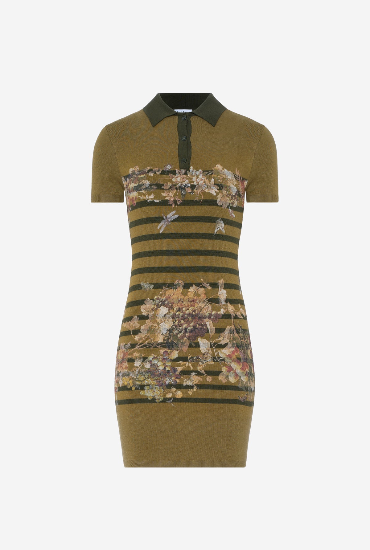 Cotton Pique Polo Neck Short Dress Printed "Mariniere Grape" - Khaki & Multicolor