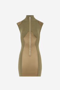 Merino Wool Rib 2X2 Mixed With "Lingerie" Satin Cut Out Zipped Short Dress - Khaki
