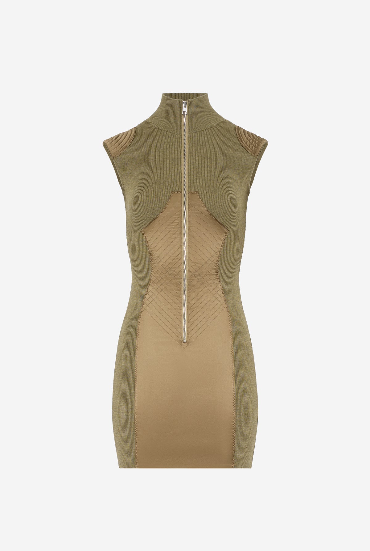 Merino Wool Rib 2X2 Mixed With "Lingerie" Satin Cut Out Zipped Short Dress - Khaki