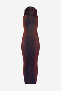 Robe Longue À Col Montant En Tulle Marron Imprimé "Python".
 - Brown & Black