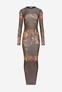 Mesh Long Dress Printed "Marinière Grape" - Khaki & Multicolor