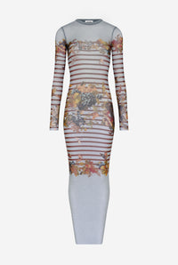 Mesh Long Dress Printed "Marinière Grape" - Lightblue & Multicolor