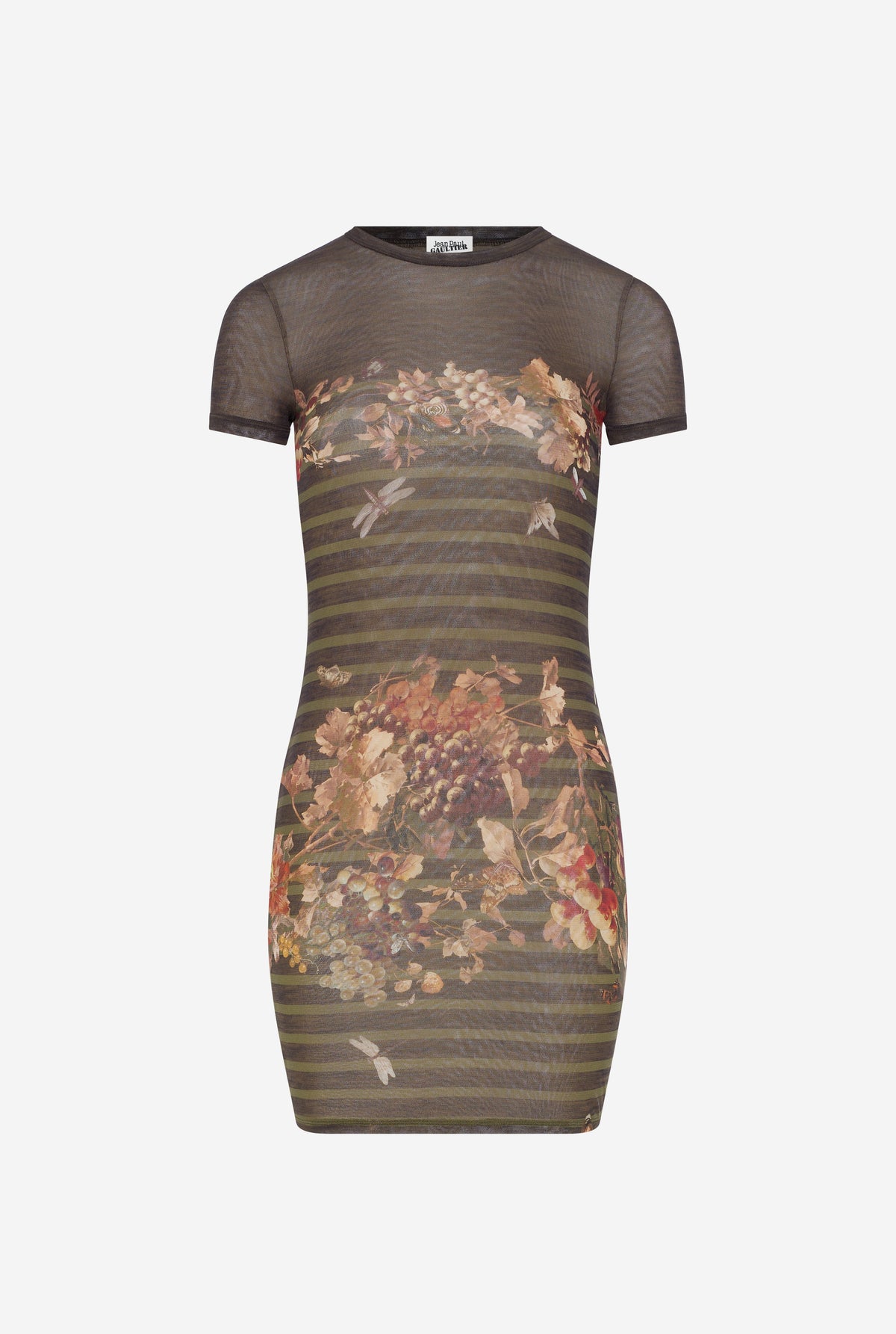 Mesh Short Dress Printed "Marinière Grape" - Khaki & Multicolor